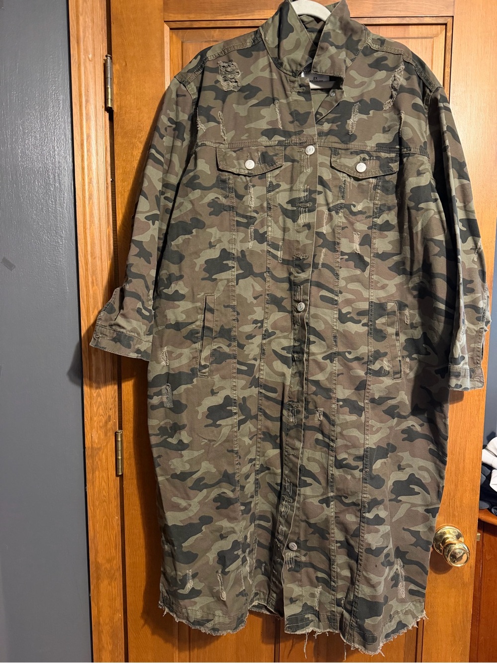 Camo Distressed Utility Trench Coat